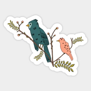 Blue and Salmon Birds perched on a budding tree in Spring Sticker